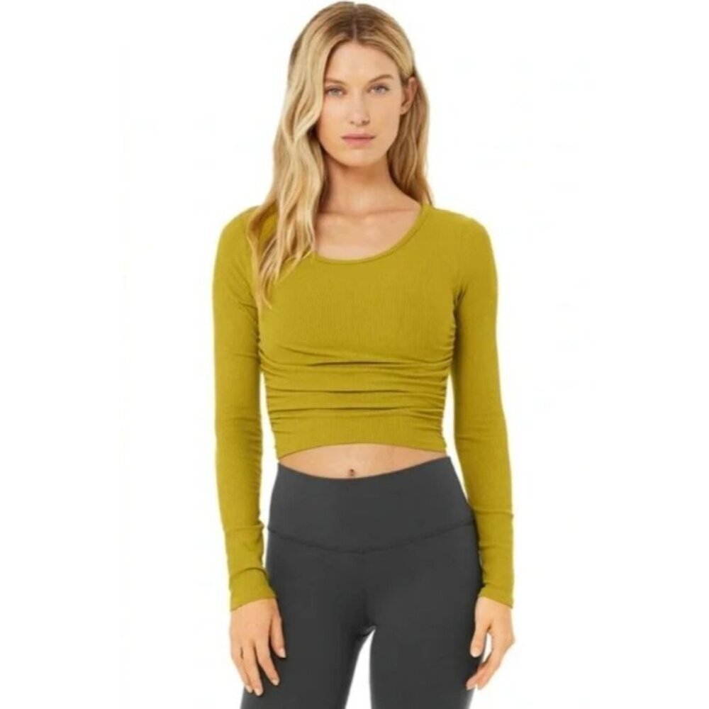 alo Gather Long Sleeve Rib Crop Top Chartreuse NWT XS